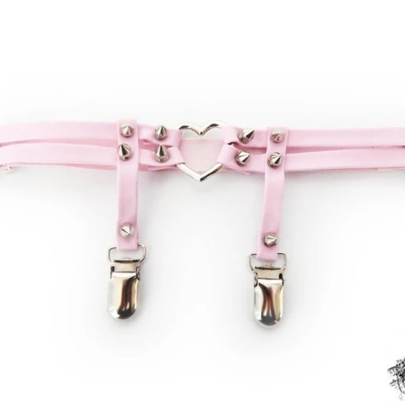 Genuine Leather Pink and Black Studded Heart Ring Thigh Leg Garter Belt main image 6